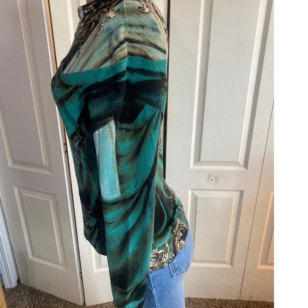 Alberto Makali Beaded Graphic Mesh Knit Top Teal Leopard Print Size M - Picture 3 of 7